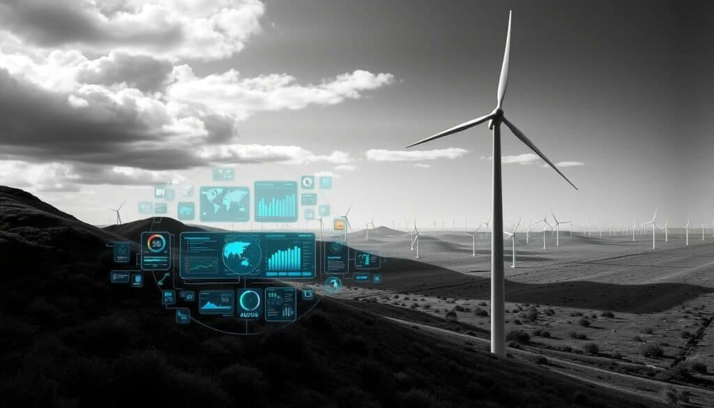 A futuristic digital landscape depicting the latest wind energy technologies. In the foreground, a sleek, modern wind turbine stands tall, its blades gracefully turning in the wind. The middle ground showcases a cluster of interconnected control panels, data visualizations, and digital interfaces, illustrating the advanced monitoring and optimization systems that power the wind farm. In the background, a grid of wind turbines stretches out into the distance, harnessing the power of the elements with precision and efficiency. The scene is rendered in a moody, high-contrast black and white palette, with strategic pops of color highlighting the dynamic, cutting-edge nature of these digital wind energy innovations.