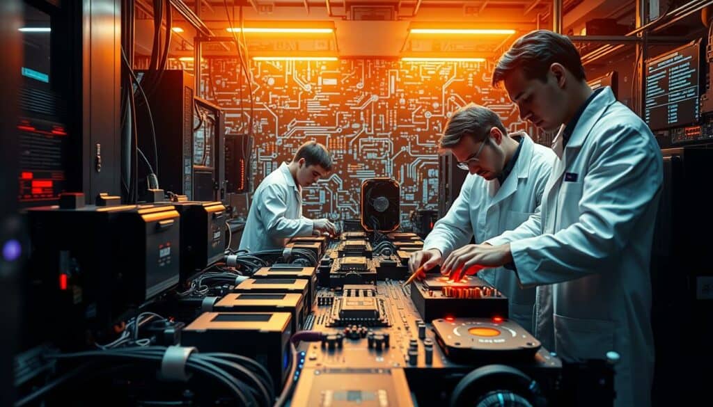 A futuristic hardware lab, bathed in warm, focused lighting. Sleek, angular machinery and circuits in shades of black and silver, punctuated by pulsing LEDs in vibrant hues. Engineers in crisp lab coats carefully assemble cutting-edge components, their movements precise and intentional. The background is a dynamic, abstract matrix of data visualizations, conveying the complexity and rapid evolution of digital transformation. Hints of color - a splash of red on a circuit board, a gleam of gold on an intricate gear - draw the eye and add depth to the monochromatic palette. The scene radiates a sense of energy, innovation, and the pioneering spirit driving the industry forward.