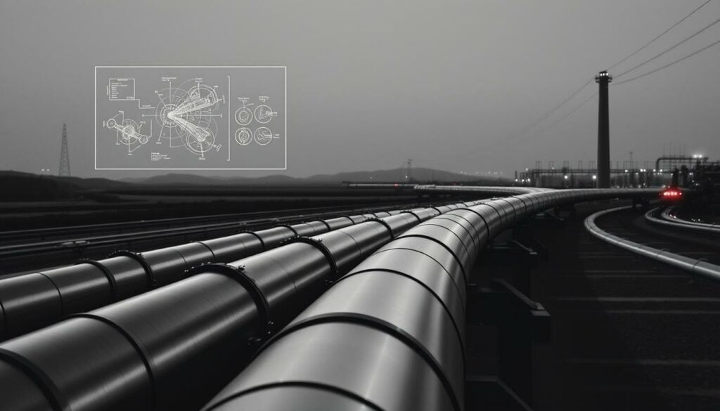 A futuristic pipeline network snakes across an industrial landscape, its sleek metallic forms contrasted against a minimalist, monochrome backdrop. Precise engineering diagrams and technical schematics hover in the foreground, casting a soft glow. Subtle pops of color highlight crucial components, drawing the viewer's attention to the innovative technology powering this vision of tomorrow's infrastructure. Dramatic shadows and carefully placed highlights lend depth and dimension, creating a sense of depth and dynamism. The overall aesthetic is one of clean lines, precise execution, and a forward-thinking approach to pipeline technology, reflecting the "Zukunftsausrichtung der Pipeline-Technologie" (Future Direction of Pipeline Technology).