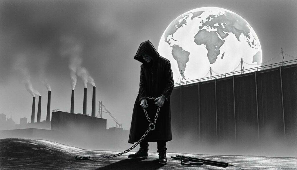 A gloomy, foreboding scene depicting the economic ripples of a trade conflict. In the foreground, a shadowy figure representing commerce and trade, shackled by chains of uncertainty. The middle ground shows factory chimneys belching smoke, symbolizing the disruption of global supply chains. In the background, a towering wall of tariffs and protectionist policies, casting a long shadow over a world map, signifying the far-reaching consequences. The image is rendered in muted tones of black and white, with subtle pops of color, like the red of a warning sign or the gold of a price tag, conveying the gravity of the situation. The overall atmosphere is one of tension, anxiety, and the potential for economic upheaval.