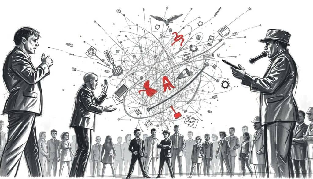 A heated political debate on conscription, captured in a stark black-and-white sketch with splashes of color. In the foreground, two figures stand in opposing stances, gesticulating passionately. The middle ground is a swirling maelstrom of ideas, represented by a flurry of sketched lines and shapes. In the background, a backdrop of gray-scale silhouettes suggests the larger political landscape. The scene exudes a sense of tension and unresolved conflict, reflecting the ongoing controversy surrounding the issue of mandatory military service.