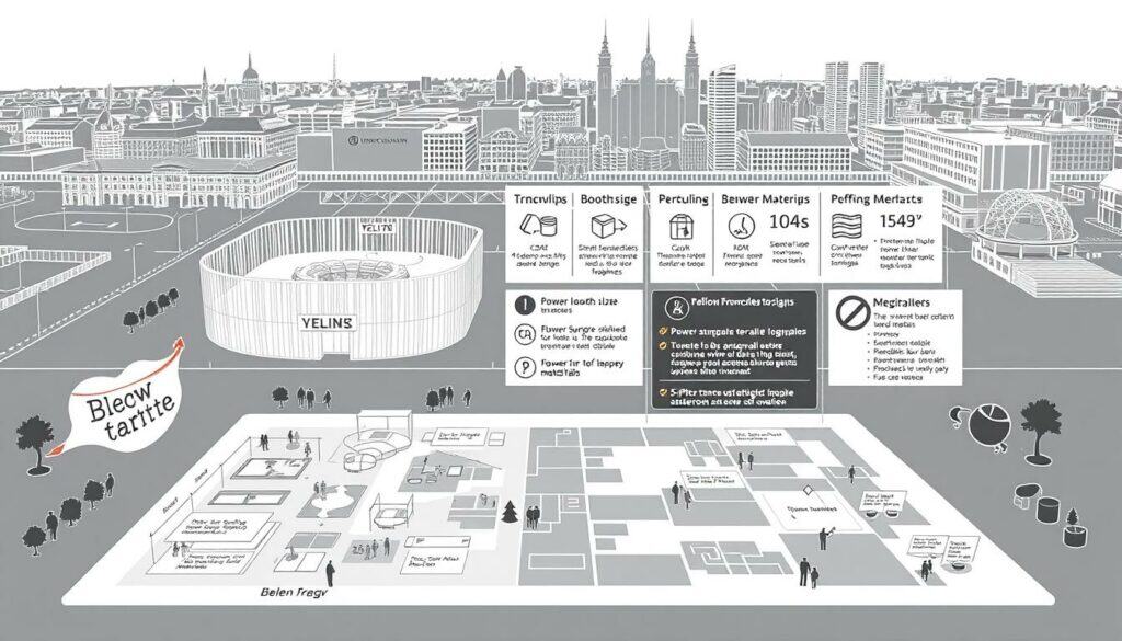 A high-contrast black and white illustration depicting the key regulatory framework and guidelines surrounding the ISM Süßwarenmesse trade fair. In the foreground, a detailed diagram showcases the event venue's layout, floor plans, and booth configurations. The midground features a series of icons and infographics highlighting the various rules and regulations - such as maximum booth sizes, power supply limitations, and permitted materials. In the background, a cityscape with iconic buildings subtly frames the scene, conveying the event's urban setting. The illustration uses muted tones with strategic pops of color to draw attention to important details. The overall mood is professional, informative, and visually engaging.