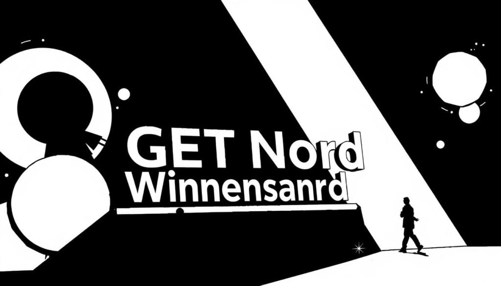 A high-contrast monochrome illustration depicting the "GET Nord Wissensaustausch" event, rendered in a graphical, almost technical style. The composition features a central focus on the event title, rendered in a bold, geometric font, with supporting elements such as human silhouettes, abstract shapes, and subtle splashes of color to convey the idea of knowledge exchange and networking. The lighting is stark, creating dramatic shadows and highlights, while the overall aesthetic suggests a serious, professional atmosphere befitting the subject matter. The angle is slightly elevated, providing a sense of authority and importance to the scene.