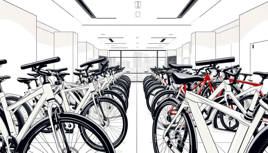 A high-end bicycle rental fleet, neatly arranged in a well-lit showroom. Sleek, modern frames in a range of colors gleam under the soft, directional lighting. The bikes are positioned in the foreground, their tires and components rendered in precise, lifelike detail. In the middle ground, a spacious, airy interior with clean lines and minimalist decor invites customers to explore the selection. The background suggests an urban setting, with the hint of a cityscape visible through large windows. The overall mood is one of quality, professionalism, and a passion for cycling, captured in a striking black and white illustration with subtle pops of color highlighting key details.