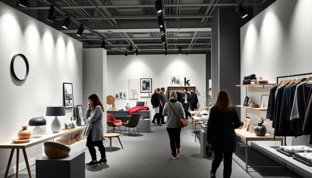 A high-fashion trade fair in Hamburg, featuring the latest trends in Nordic design. Sleek, minimalist displays showcase stylish home goods, with pops of vibrant color amidst a monochrome palette. Clean lines, geometric patterns, and natural materials create an elegant, understated atmosphere. Moody lighting casts dramatic shadows, while spotlights highlight key products. Visitors browse thoughtfully curated collections, immersed in the refined, Scandinavian aesthetic. The image conveys a sense of refined sophistication, perfectly suited to illustrate the "Trendbereiche" section of the Nordstil Wintermesse 2026 article.