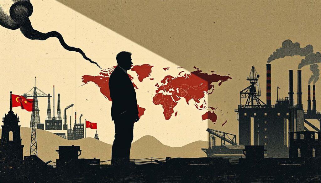 A high-tension trade dispute over rare earth elements, with stark shadows and muted tones, depicts the escalating conflict. In the foreground, two figures representing opposing nations engage in tense negotiations, their expressions conveying the gravity of the situation. The midground features a stylized map, indicating the global nature of the conflict, while the background showcases the industrial facilities and supply chains at the heart of the dispute. The overall scene is rendered in a stark, graphic style, with selective pops of color hinting at the economic and geopolitical implications. The lighting is dramatic, casting long shadows and emphasizing the tension in the air.