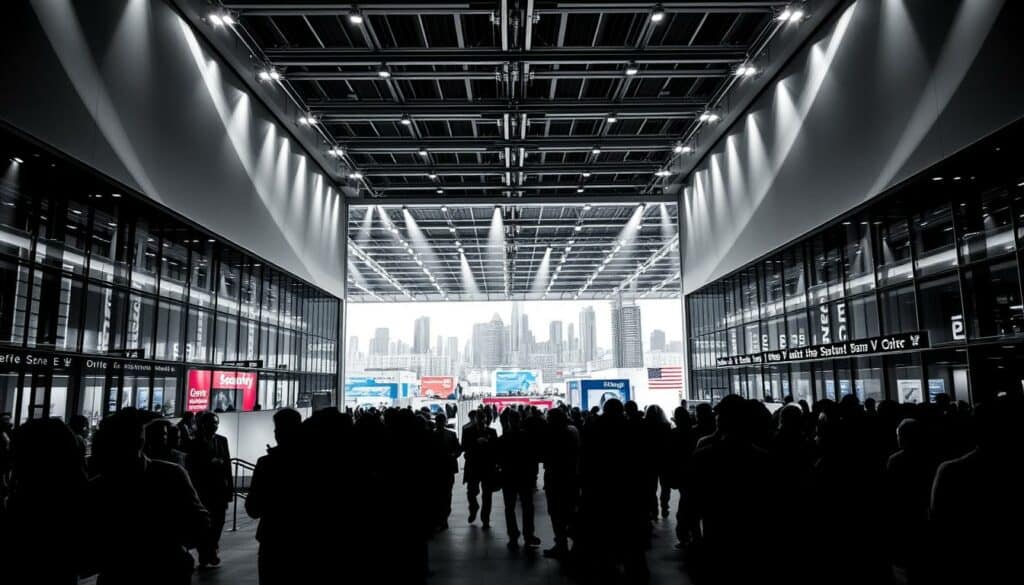 A large convention center, its facade adorned with sleek, modern architecture and dynamic lighting. In the foreground, groups of attendees mingle, their silhouettes captured in a monochromatic palette punctuated by vibrant pops of color - the red of a conference badge, the blue of a corporate banner. The middle ground reveals a sprawling exhibition hall, its vast expanse filled with booths and displays showcasing the latest in security technology. Overhead, the lighting casts dramatic shadows, lending an air of importance and anticipation to the scene. In the background, the city skyline rises, a testament to the global significance of this leading security industry event. The composition is balanced, the lines clean and the mood professional yet charged with energy, reflecting the pivotal role of the Security Essen trade fair.