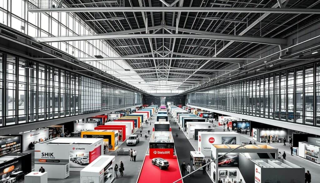 A large, modern exhibition hall with expansive high ceilings and abundant natural light streaming in through glass walls. Neat rows of display booths and walkways lead visitors through the space, showcasing the latest innovations in the SHK (Sanitary, Heating, and Air Conditioning) industry. Vibrant splashes of color highlight key products, while the overall aesthetic is clean, minimalist, and professional, conveying a sense of technological sophistication. The scene is rendered in a striking black and white palette, with only selective areas, such as brand logos or product highlights, rendered in muted, subtle colors to draw the eye. The composition emphasizes the impressive scale and architectural grandeur of the space, inviting the viewer to immerse themselves in the dynamic energy of this leading industry event.