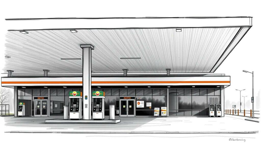 A large, multi-fuel gas station with a prominent canopy and visible fuel pumps. The station's exterior is rendered in a detailed, technical illustration style, with muted tones of black, white, and gray. Subtle pops of color highlight specific elements, such as the fuel pump signage or the station's branding. The image conveys a sense of precision and adherence to regulatory guidelines, reflecting the topic of the "Preisangabenverordnung Tankstellen" (Price Disclosure Regulation for Gas Stations). The scene is captured from a slightly elevated angle, providing a clear view of the overall station layout and design.