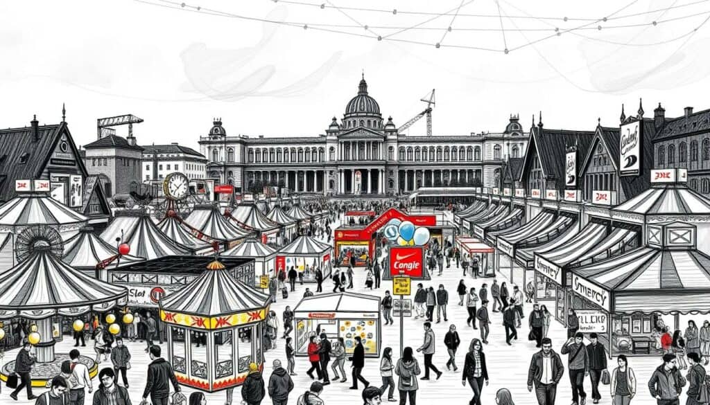 A lively outdoor fairground scene at the Freizeitmesse in Munich, 2026. In the foreground, vibrant rides and carnival games draw the eye, with pops of color from balloons and lighting. The middle ground showcases a diverse array of interactive exhibits, from sporting activities to cultural displays. In the background, the grand exhibition halls loom, their architectural details rendered in a moody chiaroscuro. The atmosphere is one of excitement and discovery, with visitors of all ages exploring the many "Highlights und Erlebniswelten" on offer, all in a muted, sketchy black and white palette with selective pops of color.