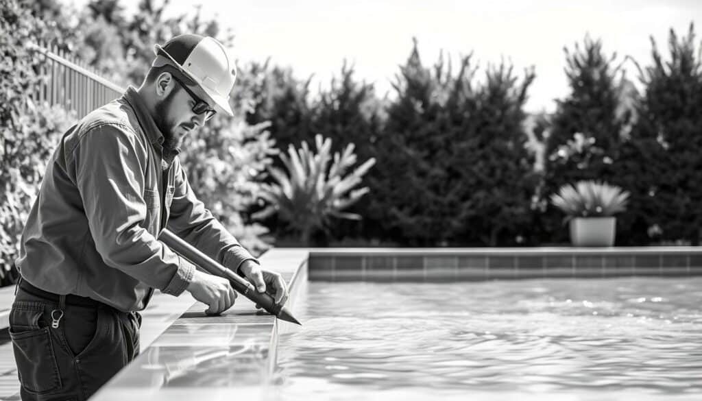 A local pool builder's service, showcasing their expertise in crafting bespoke garden pools and providing professional maintenance. The image depicts a skilled technician working on a pool, surrounded by lush greenery and a serene outdoor setting. The scene is rendered in a striking black-and-white palette, with subtle pops of color highlighting key details, such as the pool's shimmering water and the worker's vibrant safety gear. The composition emphasizes the technician's dedication and the meticulous care they bring to their craft, inviting the viewer to consider the benefits of partnering with a local pool specialist for their own backyard oasis.