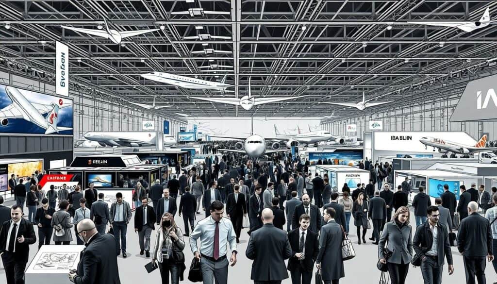 A massive, bustling crowd of attendees strolls through the expansive halls of the ILA Berlin 2026 aviation trade fair. In the foreground, a group of industry professionals in smart attire engage in animated discussions, examining aircraft models and technical diagrams with keen interest. The middle ground features rows of diverse exhibitor booths, their display screens and banners casting a vibrant, colorful glow against the otherwise muted, graphite-toned environment. In the background, the towering forms of commercial airliners and military aircraft loom, their sleek, angular silhouettes sketched in bold, decisive lines. Subtle hints of color - the crimson of a manufacturer's logo, the azure blue of an experimental concept plane - punctuate the scene, drawing the eye and lending an air of technical sophistication. The overall mood is one of productive energy, as the aviation industry's most knowledgeable experts gather to explore the future of flight.