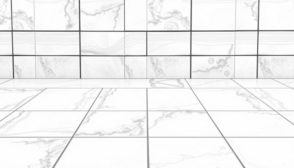 A meticulously crafted tile installation, showcasing the hallmarks of a skilled tiler's work. In the foreground, crisp, evenly spaced tiles in a sleek, monochromatic palette create a seamless, visually striking pattern. The middle ground features intricate grout lines, expertly tooled to a uniform width and depth, complementing the tile layout. In the background, subtle variations in tile sheen and texture add depth and visual interest, while precise tile cutting around obstacles demonstrates the tiler's attention to detail. The overall scene is rendered in a restrained, graphite-like aesthetic, punctuated by strategic pops of color, conveying the precision and professionalism of a master craftsman's work.