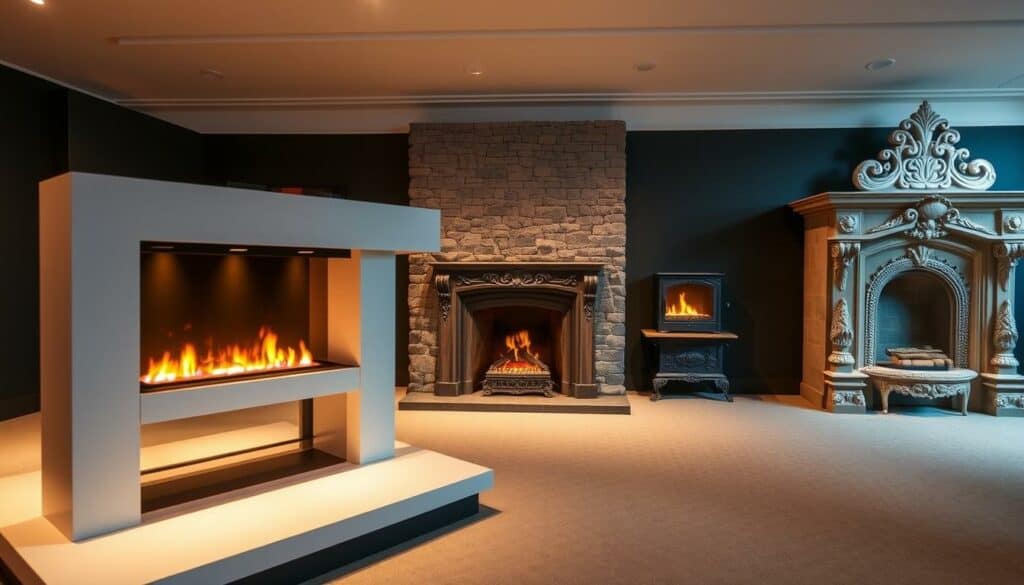 A meticulously detailed exhibition showcasing an array of captivating fireplace designs. In the foreground, a sleek modern fireplace with a minimalist aesthetic, its clean lines accentuated by subtle colored accents. In the middle ground, a traditional stone hearth radiates a cozy, rustic ambiance, while in the background, an ornate, intricate fireplace mantel commands attention with its intricate carvings and ornamental details. The lighting casts a warm, atmospheric glow, highlighting the unique textures and materials of each fireplace. The overall scene evokes a sense of refined elegance and timeless craftsmanship, inviting the viewer to imagine the perfect fireplace for their own space.