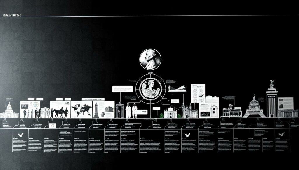 A meticulously detailed historical timeline, presented in a striking black and white palette with strategic pops of color. The foreground showcases a series of chronological vignettes, each depicting the evolution of the prestigious Nobel Prize in Economic Sciences - from its inception to the present day. The middle ground features a central focal point, perhaps a symbolic representation of the award itself, surrounded by informative data visualizations and iconography. The background subtly blends geometrical patterns and architectural elements, hinting at the global impact and enduring legacy of this distinguished honor. The overall atmosphere is one of scholarly rigor, timeless elegance, and a reverence for the groundbreaking contributions that have shaped the field of economics.