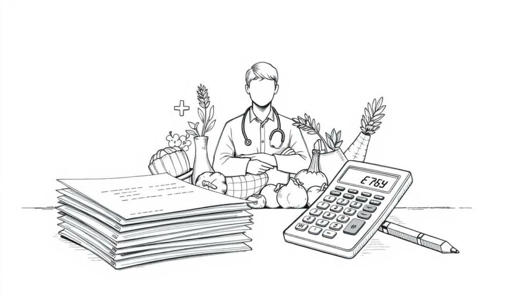A meticulously rendered, graphite-toned illustration depicting the key elements of "Kostenübernahme Krankenkassen Ernährungsberatung". In the foreground, a stack of medical documents and a calculator symbolize the financial aspects. The middle ground features a stylized human figure representing a health professional, surrounded by vibrant produce and healthy meal items in muted color accents. The background showcases a clean, minimalist layout with subtle textural details, conveying a sense of organization and wellness. Striking a balance between technical precision and visual interest, this image aims to clearly communicate the core subject matter.