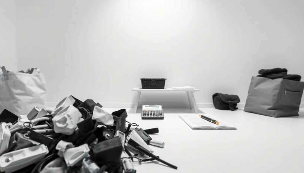 A minimalist and elegant interior scene showcasing the costs and pricing for a decluttering service. The foreground features a carefully curated selection of discarded household items, conveying the scale and scope of the task at hand. The middle ground depicts a simple table with a calculator, invoices, and a pen, symbolizing the financial considerations. The background is a clean, monochromatic wall, allowing the core elements to take center stage. The lighting is soft and diffused, creating a contemplative atmosphere. The overall aesthetic is a harmonious blend of black, white, and subtle pops of color, reflecting the precision and attention to detail required in the decluttering process.