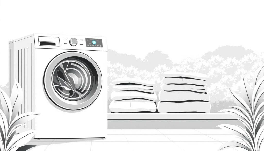 A minimalist, black and white illustration of a sustainable textile cleaning facility. In the foreground, a sleek, energy-efficient washing machine stands prominently, its gentle drum motion hinting at the care taken in the cleaning process. The middle ground features neatly folded, freshly laundered clothes, their vibrant colors peeking through the monochrome palette, symbolizing the vibrant life restored to the fabrics. In the background, a lush, verdant landscape frames the scene, underscoring the environmental consciousness at the heart of this sustainable operation. Soft, diffused lighting casts a serene, contemplative mood, while subtle pops of color, such as a green leaf or a sky-blue button, draw the eye to the details that make this laundry service truly eco-friendly.
