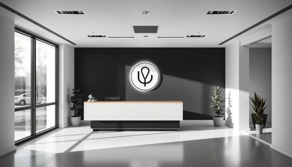 A minimalist medical office interior with clean, geometric lines and a monochrome color palette of black, white, and a few strategic pops of color. The focal point is a sleek, modern reception desk with a large, backlit logo on the wall behind it, representing the quality standards and professionalism of the speech therapy practice. The room is filled with natural light from large windows, casting soft shadows and creating a serene, calming atmosphere. The furniture is sparse but well-designed, with simple chairs and a few potted plants to add a touch of greenery. The overall aesthetic conveys a sense of efficiency, attention to detail, and a commitment to patient care.