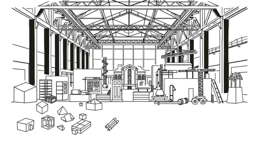 A minimalist, technical illustration depicting the key exhibition themes of the Natursteinmesse in Nuremberg. A sharp, hand-drawn appearance with crisp black lines and muted tones, accented by subtle pops of color. The foreground features geometric icons representing the diverse range of natural stone products, materials, and applications. The middle ground showcases architectural elements, construction tools, and processing equipment. The background hints at an expansive exhibition hall with architectural details and framing. The overall mood is one of precision, professionalism, and the celebration of natural stone as a versatile building material.