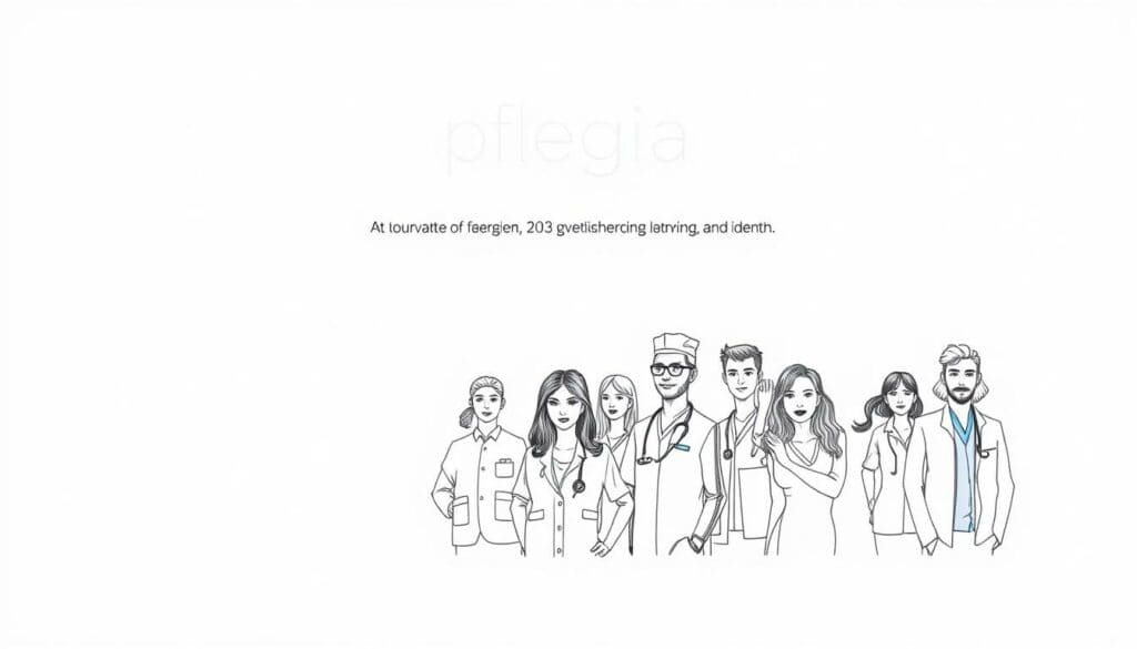 A modern and professional-looking platform for the healthcare industry, Pflegia showcases a clean and minimalist design with a focus on user-friendly navigation. Set against a neutral background, the platform's logo and key features are prominently displayed, using a combination of precise line work and subtle pops of color to draw the eye. In the foreground, a diverse group of healthcare workers are depicted in a series of dynamic, pencil-sketched illustrations, highlighting the platform's role in connecting skilled professionals with rewarding career opportunities. The overall mood is one of confidence, innovation, and a dedication to supporting the vital work of the nursing and caregiving community.