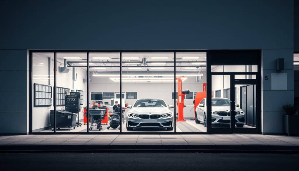A modern auto body shop, its exterior showcasing a clean, minimalist aesthetic. The facade features large windows that allow glimpses of the meticulously organized workspace within, where skilled technicians employ the latest painting and repair techniques. The scene is captured in a muted, monochromatic palette, with pops of color accentuating key elements like the shiny, freshly painted vehicles or the tools of the trade. The lighting is soft and diffused, creating a sense of professionalism and attention to detail. The overall impression conveys a reliable, high-quality establishment that takes pride in its workmanship, ready to provide customers with the perfect automotive finish.