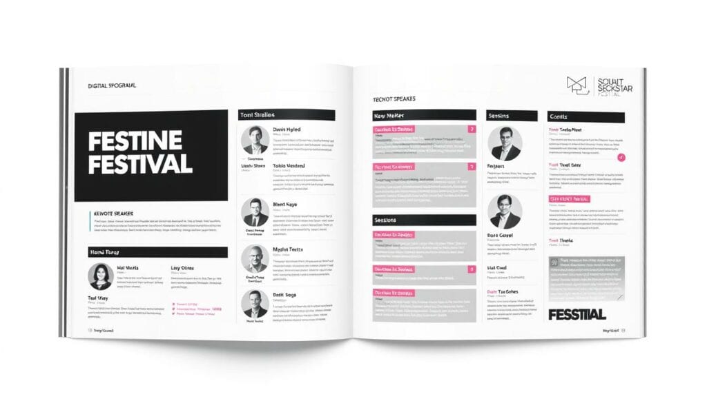 A modern digital festival program with a minimalist black and white aesthetic, featuring a clean grid layout of keynote speakers and session details. Pops of vibrant color highlight key information and draw the eye. Sleek typography, bold icons, and subtle geometric patterns create a sophisticated, tech-savvy atmosphere. Carefully arranged to showcase the high-caliber speakers and premium event experience. A refined, professional design to match the prestigious Online Marketing Rockstars festival.