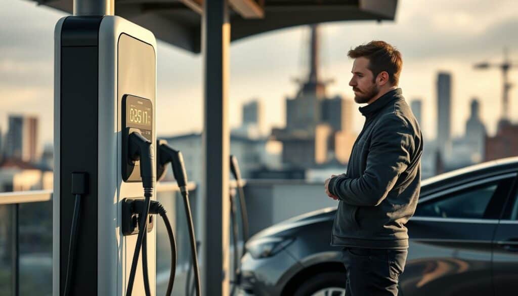 A modern electric vehicle charging station in a sleek, minimalist design, with charging ports and cables in a mix of black and white tones. In the foreground, a person standing next to the station, examining the interface and controls with a thoughtful expression. The background features a blurred cityscape, with muted colors and subtle hints of industrial architecture, conveying a sense of urban progress and sustainability. Lighting is soft and directional, casting long shadows and highlighting the key elements of the scene. The overall mood is one of practical, forward-thinking implementation of electric vehicle infrastructure, with pops of color to draw the viewer's attention to the central subject matter.