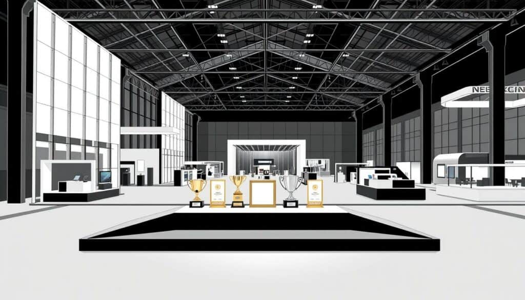 A modern, minimalist illustration of a formal industrial trade fair exhibition hall, with angular lines, sleek materials, and muted lighting. The foreground features a display podium showcasing various awards, trophies, and accolades, rendered in a combination of black and white with selective color highlights. The middle ground shows a series of streamlined display booths, while the background depicts the expansive, glass-enclosed architecture of the exhibition space. The overall mood is one of sophistication, innovation, and prestige, capturing the essence of an industrial awards ceremony within the context of a major trade fair event.