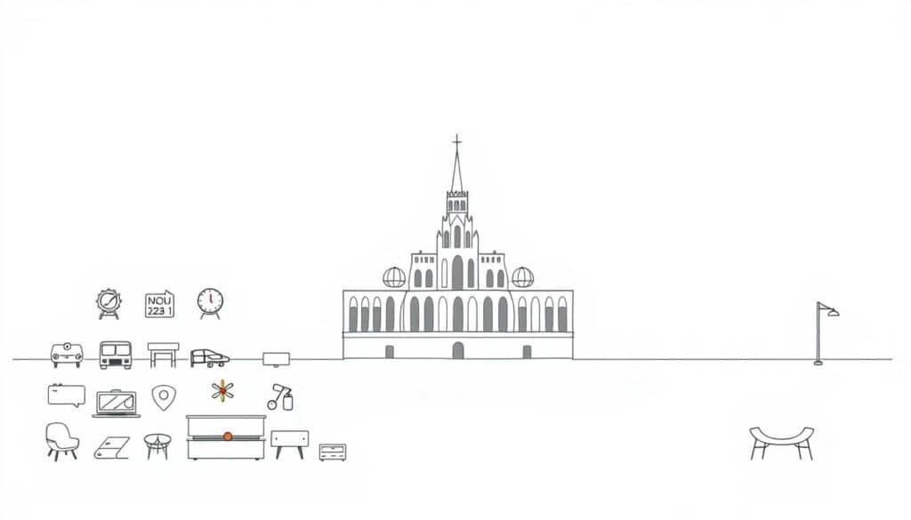 A modern, minimalist illustration showcasing practical visitor information for the IMM Cologne furniture fair in 2026. The foreground depicts a clean, geometric composition of icons and pictograms representing key details like location, dates, transport, and amenities, rendered in a muted grayscale palette with pops of vibrant color. The middle ground features a subtle, hand-sketched architectural backdrop evoking the fair's venue, while the background subtly fades into an empty, light-filled space, allowing the essential information to take center stage. The overall aesthetic is refined, informative, and visually engaging, guiding visitors through the practical aspects of attending the prestigious event.