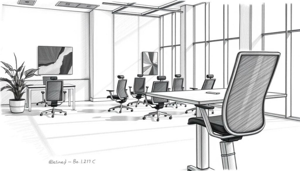 A modern, minimalist office interior with clean lines and a focus on functionality. In the foreground, a sleek, height-adjustable desk with a simple, angular design. In the middle ground, ergonomic office chairs in a muted palette of greys and blacks, arranged in a symmetrical layout. The background features floor-to-ceiling windows, allowing natural light to flood the space and casting shadows that create a sense of depth. Subtle pops of color, such as a vibrant green plant or a bold art piece, add visual interest. The overall atmosphere is professional, organized, and compliant with relevant legal and regulatory requirements for office planning.