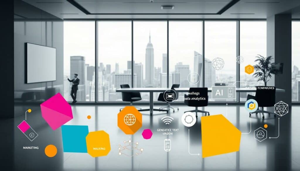 A modern, minimalist office interior with various generative AI application areas represented as abstract geometric shapes and icons. The foreground features bold, colorful shapes depicting data analytics, natural language processing, computer vision, and generative text/image models. The middle ground showcases these AI capabilities integrated into business functions like marketing, sales, operations, and product development. The background displays a sophisticated, monochrome workspace with a large window overlooking a cityscape, creating a sense of technology-driven corporate innovation. Subtle pops of color and clean lines convey the efficiency and precision of AI-powered business solutions. A modern, minimalist office interior with various generative AI application areas represented as abstract geometric shapes and icons. The foreground features bold, colorful shapes depicting data analytics, natural language processing, computer vision, and generative text/image models. The middle ground showcases these AI capabilities integrated into business functions like marketing, sales, operations, and product development. The background displays a sophisticated, monochrome workspace with a large window overlooking a cityscape, creating a sense of technology-driven corporate innovation. Subtle pops of color and clean lines convey the efficiency and precision of AI-powered business solutions.