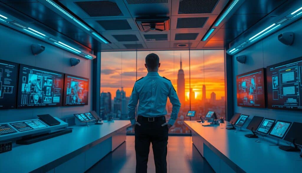 A modern, minimalist security command center with sleek control panels, holographic displays, and discreet surveillance cameras. The layout is designed for efficient monitoring and rapid response, bathed in cool blue lighting that conveys a sense of high-tech professionalism. In the foreground, a security guard in a crisp uniform stands at the ready, while the background features a cityscape silhouetted against a vibrant sunset sky, punctuated by pops of color from neon signage. The overall aesthetic blends functionality with a futuristic aesthetic, reflecting the "Security-as-a-Service" concept of innovative, technology-driven security solutions.