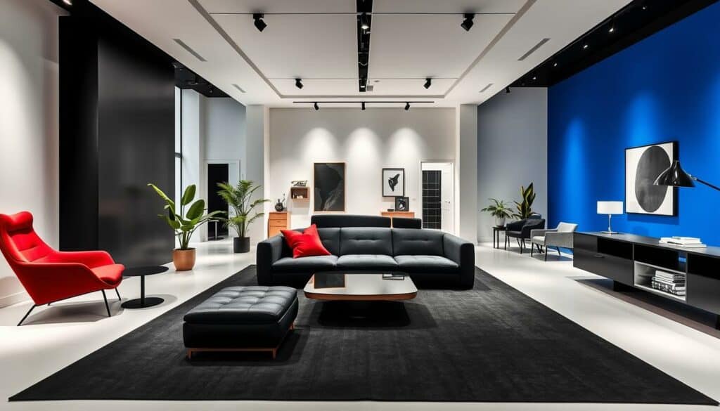 A modern, minimalist showroom displaying the latest furniture design trends and innovations. The sleek, black and white interior is punctuated by pops of vibrant color - a striking red armchair, a vibrant green potted plant, and a bold blue accent wall. Soft, diffused lighting illuminates the space, highlighting the clean lines and sculptural forms of the furniture pieces. In the center, a large, angular sofa commands attention, its striking silhouette complemented by a matching coffee table. The space exudes a sense of understated elegance and forward-thinking design, reflecting the dynamic and innovative spirit of the contemporary furniture industry.