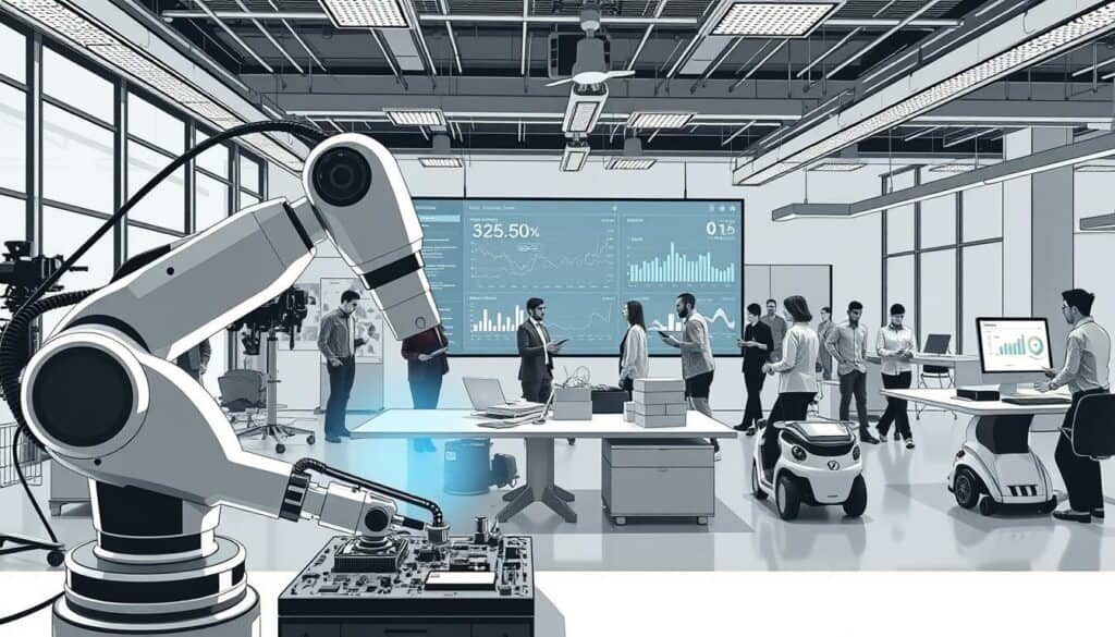 A modern office workspace with various AI-powered devices and tools, showcasing their real-world applications across different industries. In the foreground, a sleek robotic arm precisely assembles electronic components, while a large touchscreen display in the middle ground visualizes complex data analytics. In the background, a diverse group of professionals collaborates using voice-controlled interfaces and autonomous vehicles ferry supplies through the open-concept layout. The scene is rendered in a stylized black-and-white aesthetic with subtle pops of color to highlight the technological innovations, conveying a sense of efficiency, productivity, and the seamless integration of AI in the workplace.