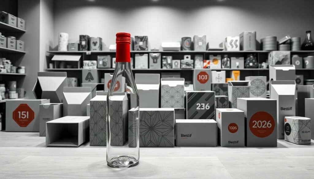 A modern packaging design studio, filled with innovative concepts for the year 2026. In the foreground, a sleek, minimal glass bottle with a vibrant red cap, showcasing a new sustainable material. In the middle ground, an array of cardboard boxes in various shapes and sizes, featuring intricate geometric patterns in shades of gray. The background holds an assortment of futuristic-looking containers, some with bold splashes of color, hinting at the latest advancements in eco-friendly packaging solutions. The overall scene is captured in a moody, high-contrast black and white palette, with only the occasional pops of color, creating a striking and visually compelling image.
