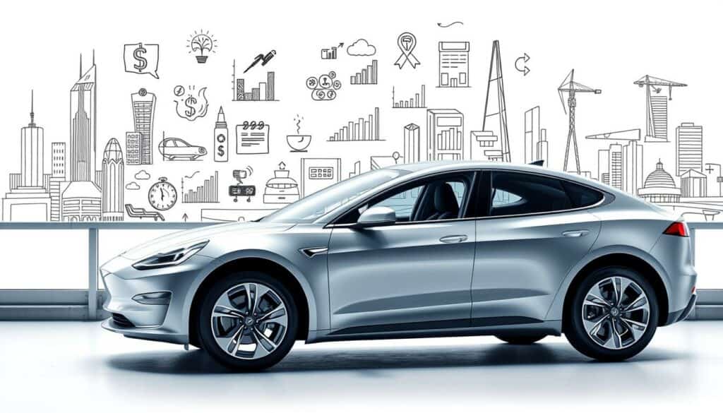 A modern, sleek electric car in the foreground, its clean lines and glossy finish illuminated by a soft, directional light. In the middle ground, various financial incentives and cost-saving benefits of owning an electric vehicle are depicted in a series of simple, hand-drawn icons and graphs, rendered in a mixture of black, white, and muted colors to draw the eye. The background features a cityscape, with skyscrapers and infrastructure hinting at the broader environmental and societal advantages of widespread electric car adoption, all rendered in a stylized, sketch-like aesthetic. The overall mood is one of optimism and progress, with the key "Vorteile" of electric car ownership taking center stage.