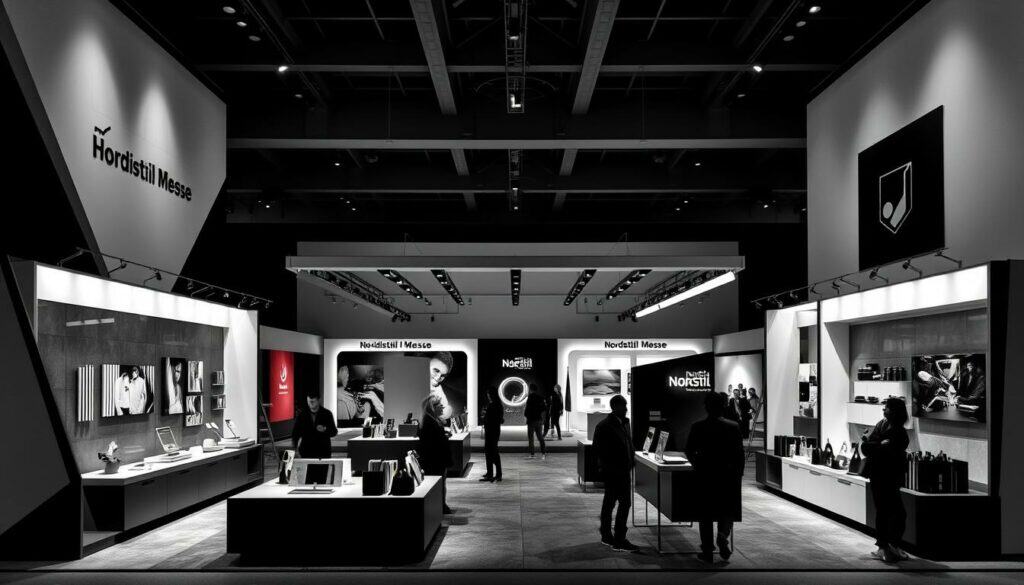 A modern trade fair exhibition showcasing the latest designs and products in a minimalist black and white palette with pops of color. In the foreground, sleek and angular booth displays stand out against a clean, geometric background. Dramatic lighting casts dramatic shadows, highlighting the form and texture of the displays. In the middle ground, visitors casually browse the offerings, their silhouettes adding a sense of movement and energy. The background features a simplified, architectural setting with clean lines and minimalist decor, creating a sophisticated and immersive atmosphere. The overall scene conveys a sense of innovation, creativity, and the excitement of discovering new formats and products at the Nordstil Messe.