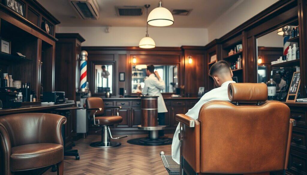 A modern, well-appointed barbershop interior with classic mahogany wood accents and a vintage leather barber chair in the foreground. Mid-ground features a skilled barber in a crisp white smock, attentively trimming a customer's hair with precision. The background showcases an array of traditional barbering tools and products, bathed in a warm, soft lighting that creates a cozy, inviting atmosphere. The color palette is predominantly monochromatic, with subtle pops of color in the form of red and blue striped barber pole and a few carefully placed accent pieces. An overarching sense of timeless elegance and attention to detail permeates the scene.
