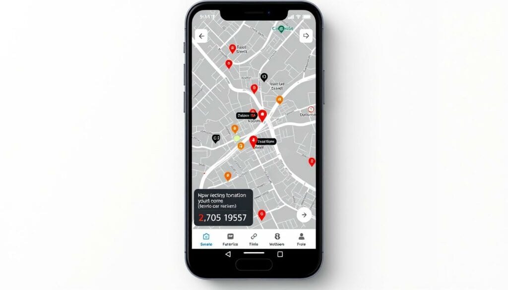 A modern, well-designed smartphone app with intuitive controls and a clear, uncluttered interface. The app displays a detailed map of the local area, highlighting the locations of nearby gas stations and their current fuel prices. The user navigates the app using a combination of swipes, taps, and pinch-to-zoom gestures, easily finding the most cost-effective refueling options. The app's design features a predominantly black and white color scheme, with strategic pops of color to draw the eye to key information. Subtle background textures and light gradients create a sense of depth and sophistication. The overall impression is of a practical, user-friendly tool that empowers drivers to make informed decisions and save money on their fuel purchases.