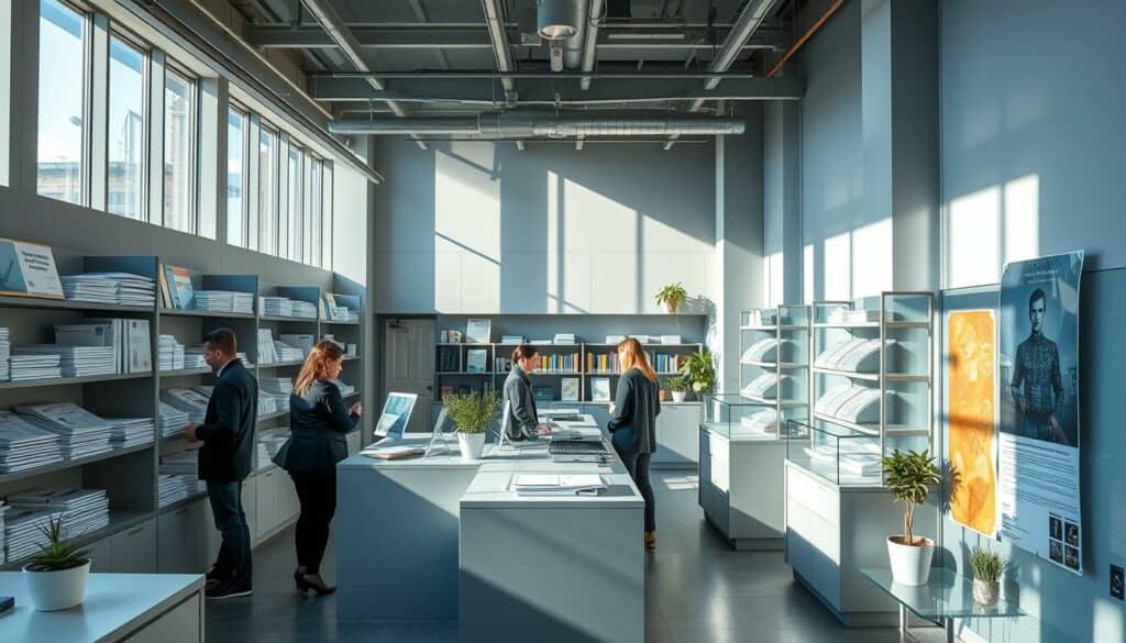A modern, well-equipped copyshop in a bustling city center. Customers greeted by a sleek, minimalist interior with clean lines and muted tones. A central counter showcases a range of services - printing, scanning, binding - with helpful staff ready to assist. Sunlight streams through large windows, illuminating the space and casting long shadows. Shelves display an array of paper stocks, inks, and finishing options. The atmosphere is efficient yet welcoming, conveying a sense of professionalism and attention to detail. Splashes of color - a potted plant, a vibrant poster - add visual interest. The overall impression is one of quality, reliability, and a commitment to customer satisfaction.