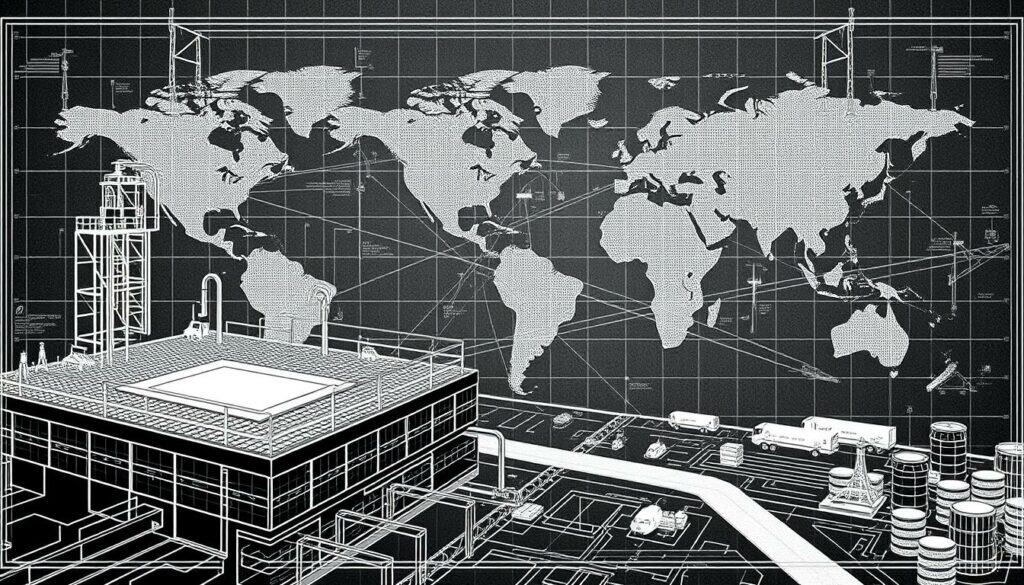 A monochrome blueprint-style illustration depicting the current semiconductor production landscape, with a focus on the key components and their interconnections. The foreground showcases a detailed schematic of a semiconductor wafer fabrication facility, highlighting the intricate manufacturing processes. The middle ground features an overview of the global supply chain, with logistical nodes and transportation routes visible. In the background, a world map subtly emphasizes the geographical distribution of production hubs and the challenges posed by the ongoing chip crisis. The overall mood is one of technical precision, with selective pops of color to denote critical elements, conveying a sense of the precarious balance in the industry.
