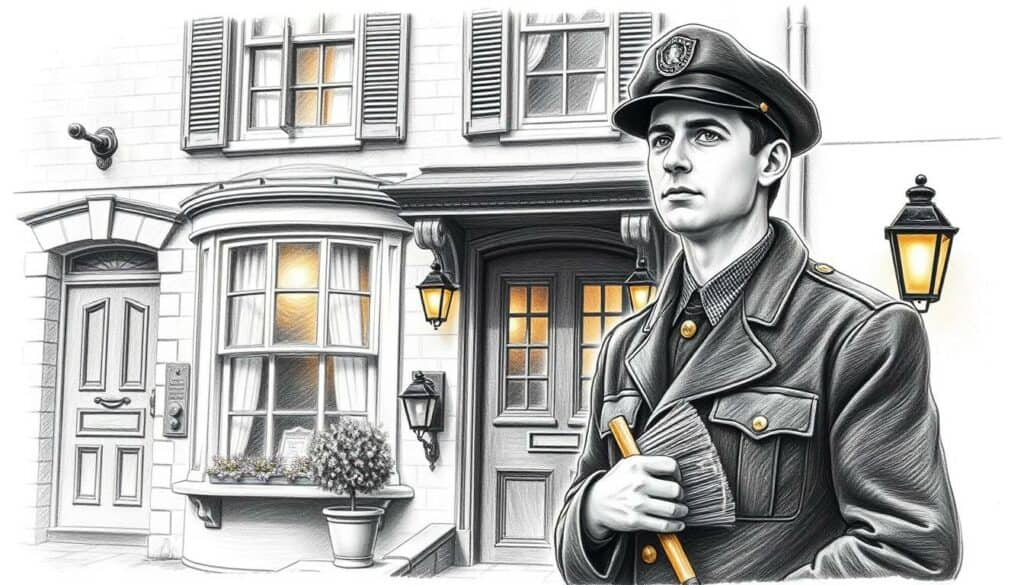 A neatly dressed chimney sweep standing in front of a charming, old-fashioned townhouse, holding a chimney brush and wearing a classic black uniform with a peaked cap. The scene is captured in a pencil sketch style, with shades of gray and black, punctuated by subtle pops of color in the details, such as the brass buttons on the uniform or the warm glow of the streetlamps in the background. The composition emphasizes the skilled, professional nature of the chimney sweep's work, while conveying a sense of timeless tradition and community. The overall mood is one of reliability, expertise, and a commitment to safety and cleanliness.