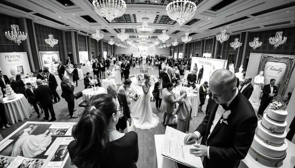 A neatly organized exhibition hall, bustling with visitors examining intricate wedding displays. Elegant centerpieces, crisp linens, and shimmering chandeliers create an atmosphere of refined sophistication. In the foreground, a couple meticulously planning their itinerary, pencils in hand, surrounded by informative brochures and swatches. Midground features artful wedding gowns and tuxedos on display, their details captured in striking black and white. The background showcases a panoramic view of the event, with pops of color highlighting key features - a vibrant floral arrangement, a gilded photo frame, a gleaming cake topper. The overall mood is one of focused preparation, anticipation, and the promise of a truly memorable wedding celebration.