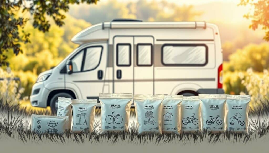 A peaceful, serene scene of a campervan parked amidst lush, verdant surroundings. The vehicle is depicted in a muted, pencil-sketch style, with subtle pops of color highlighting its key features. In the foreground, various service packages are neatly displayed, their contents and offerings subtly hinted at through carefully arranged, minimalist illustrations. The background features a softly blurred landscape, conveying a sense of tranquility and relaxation. Warm, diffused lighting casts a gentle glow, creating a calming, inviting atmosphere. The overall composition emphasizes the harmony between the practical necessities of a worry-free vacation and the serene, natural setting.