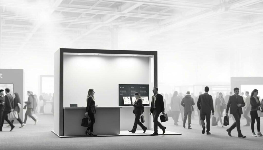 A practical information booth at a bustling trade fair, featuring a simple yet inviting design. The structure stands in the foreground, its clean lines and muted tones creating a sense of order and professionalism. Subtle pops of color, perhaps in the form of informational signage or a branded backdrop, draw the eye and invite closer inspection. In the middle ground, attendees navigate the crowded exhibition hall, their silhouettes captured in a hazy, graphite-like rendering. The background fades into a soft, atmospheric blur, suggesting the energy and excitement of the event. The overall mood is one of efficiency and functionality, with just enough visual interest to captivate the discerning fair-goer.