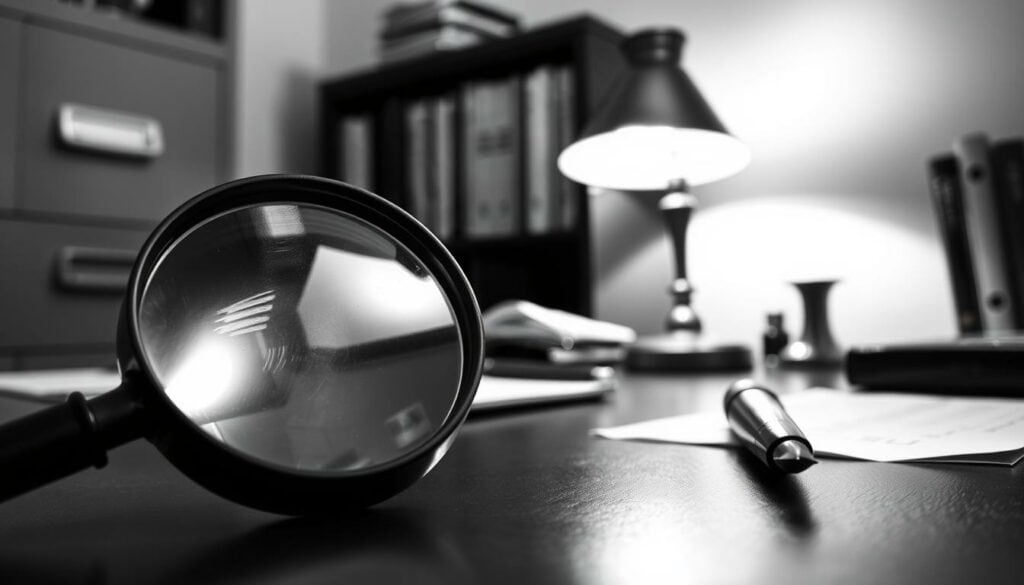 A professional, discreet private detective agency, with a strong focus on quality and attention to detail. In the foreground, a magnifying glass and a pen symbolize the meticulous investigation process. In the middle ground, a desk lamp casts a warm, focused light, creating an atmosphere of concentration and diligence. The background features a filing cabinet and a bookshelf, hinting at the agency's extensive knowledge and resources. The image is rendered in a predominantly black and white palette, with subtle pops of color, such as the brass fittings on the desk accessories, conveying a sense of seriousness and professionalism. The overall composition suggests an environment of expertise, discretion, and reliable investigative services.