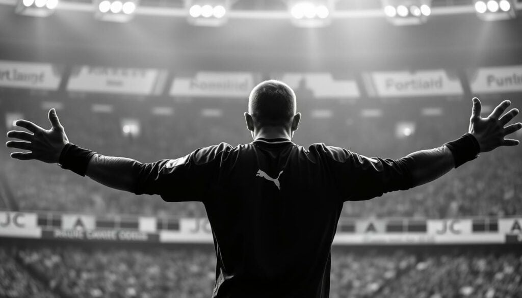 A professional goalkeeper, poised in the center of the frame, with his arms outstretched, conveying the dynamic motion and energy of the game. The scene is rendered in a striking black and white palette, with subtle pops of color highlighting the player's kit and the surrounding field. The lighting is dramatic, casting shadows that accentuate the player's movements and the intensity of the moment. The composition is balanced, with the goalkeeper at the forefront and the blurred background suggesting the larger context of the match. The overall mood is one of focus, determination, and the critical role the goalkeeper plays in the team's success.