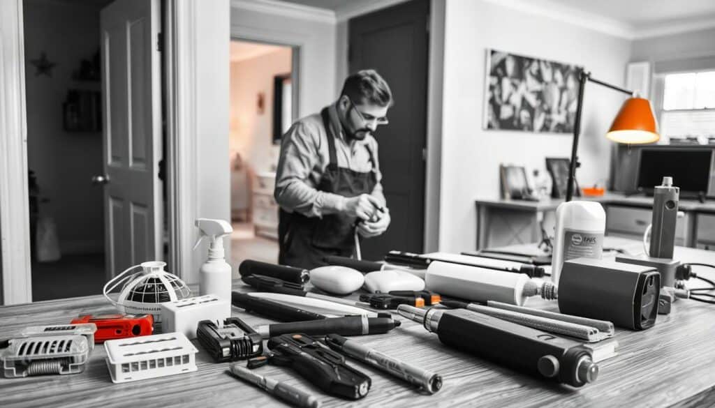 A professional pest control expert methodically inspects a residential structure, examining cracks and crevices with a keen eye. In the foreground, a variety of traps, sprays, and other tools lay organized on a workbench, ready for deployment. The middle ground depicts the expert carefully applying treatments to targeted areas, while the background shows a clean, well-lit interior space, conveying the sense of a thorough, professional approach. The image is rendered in a striking black and white palette with subtle pops of color, such as the amber glow of a desk lamp or the metallic shine of specialized equipment.