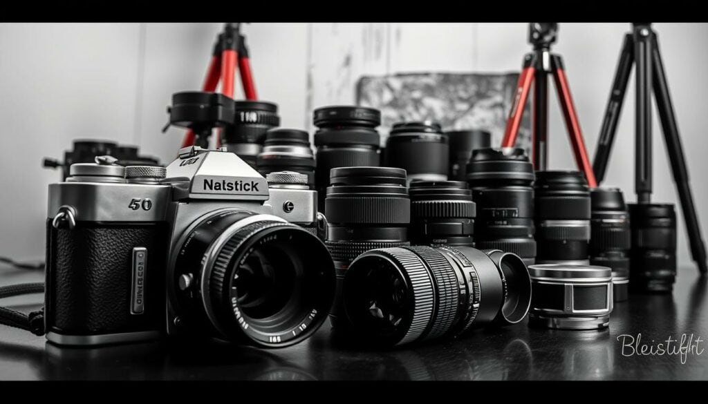 A professional photographer's studio, featuring a meticulously curated selection of camera equipment, lenses, and accessories. The foreground showcases a vintage film camera, its chrome body gleaming under soft, diffused lighting. In the middle ground, an array of premium lenses in various focal lengths are neatly arranged, their glass elements and metal housings rendered in precise detail. The background is a minimalist, monochromatic setting, with just a hint of a colorful accent, perhaps a vibrant red tripod or a weathered wooden backdrop, providing a balanced contrast to the overall black-and-white aesthetic. The scene conveys a sense of expertise, attention to detail, and the photographer's dedication to their craft.